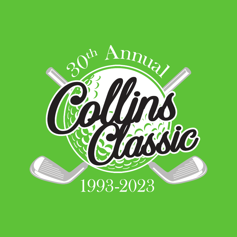 Three-color Collins Classic 30th-anniversary identity with golf ball and crossed clubs